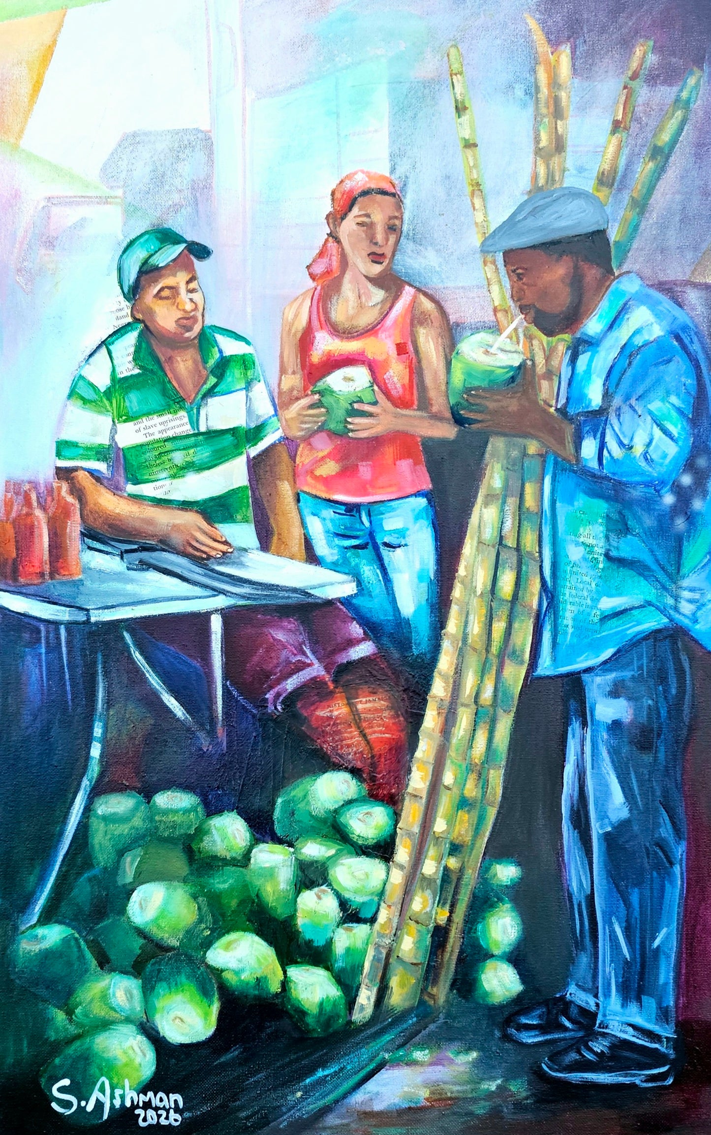 Vibrant impressionist painting of a Jamaican vendor selling jelly coconuts, sugar cane, and honey, with two patrons drinking fresh coconut water from the shell.