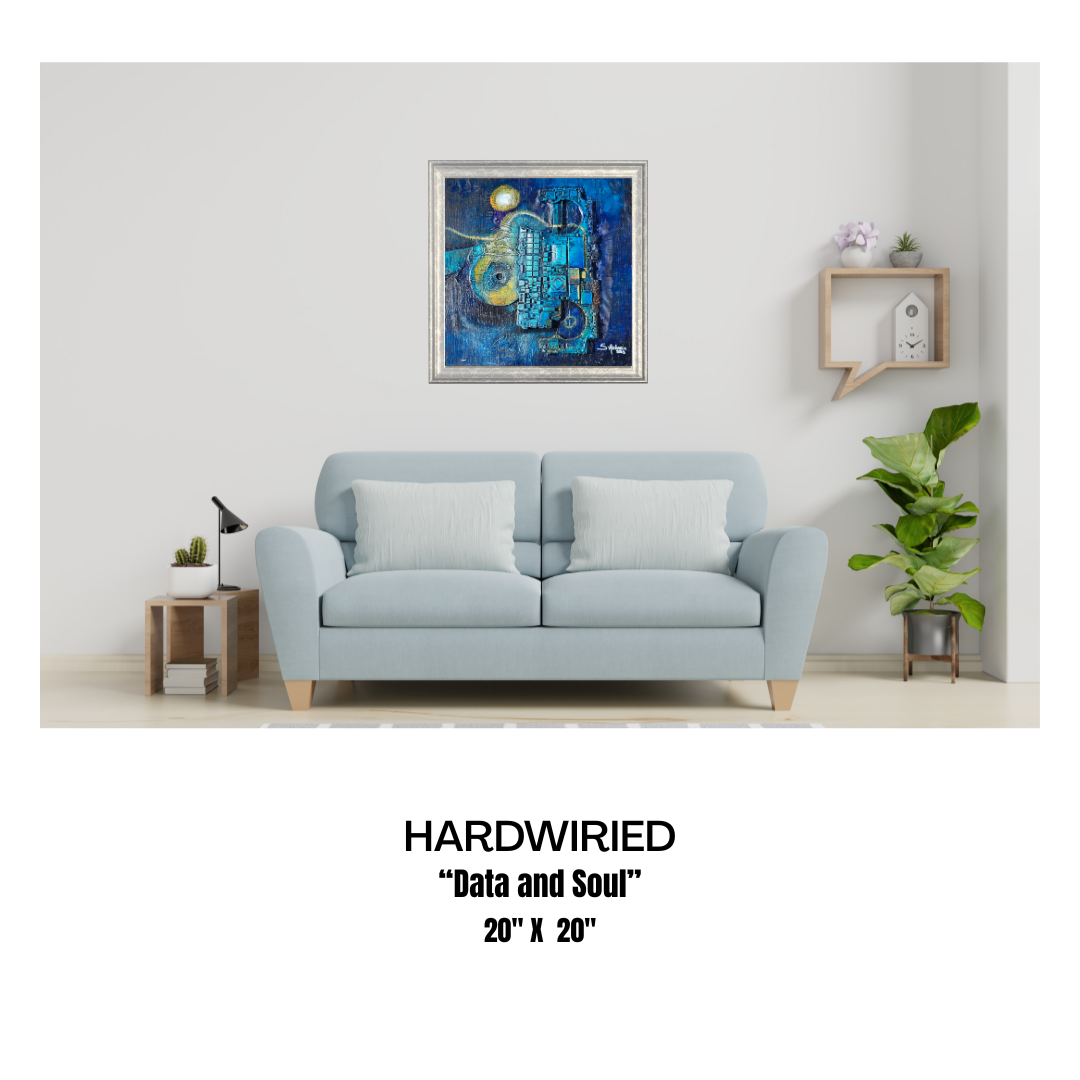 Light blue sofa in a room with a painting on the wall and a plant on a shelf.