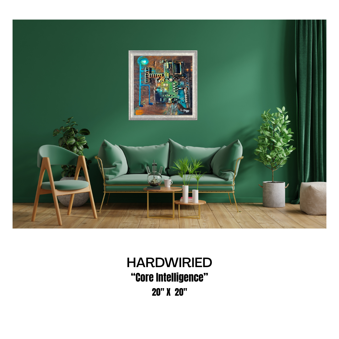 Living room with green walls, furniture, and a framed artwork titled 'Core Intelligence' by HARDWIRIED.