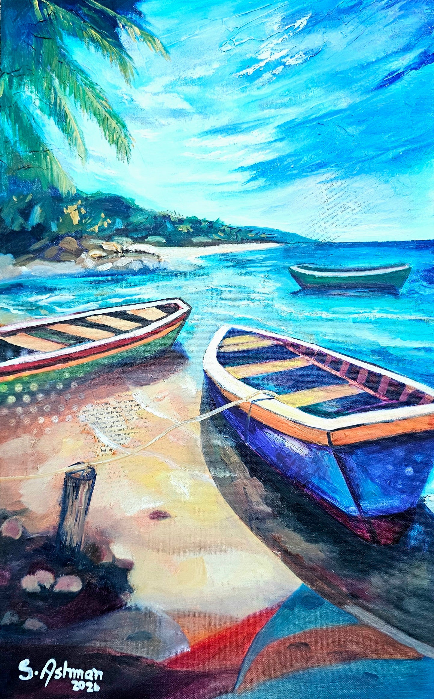 Vibrant impressionist painting of three traditional Caribbean fishing boats; two rest on the sandy shore while one sits in the calm, still water under a clear tropical sky.