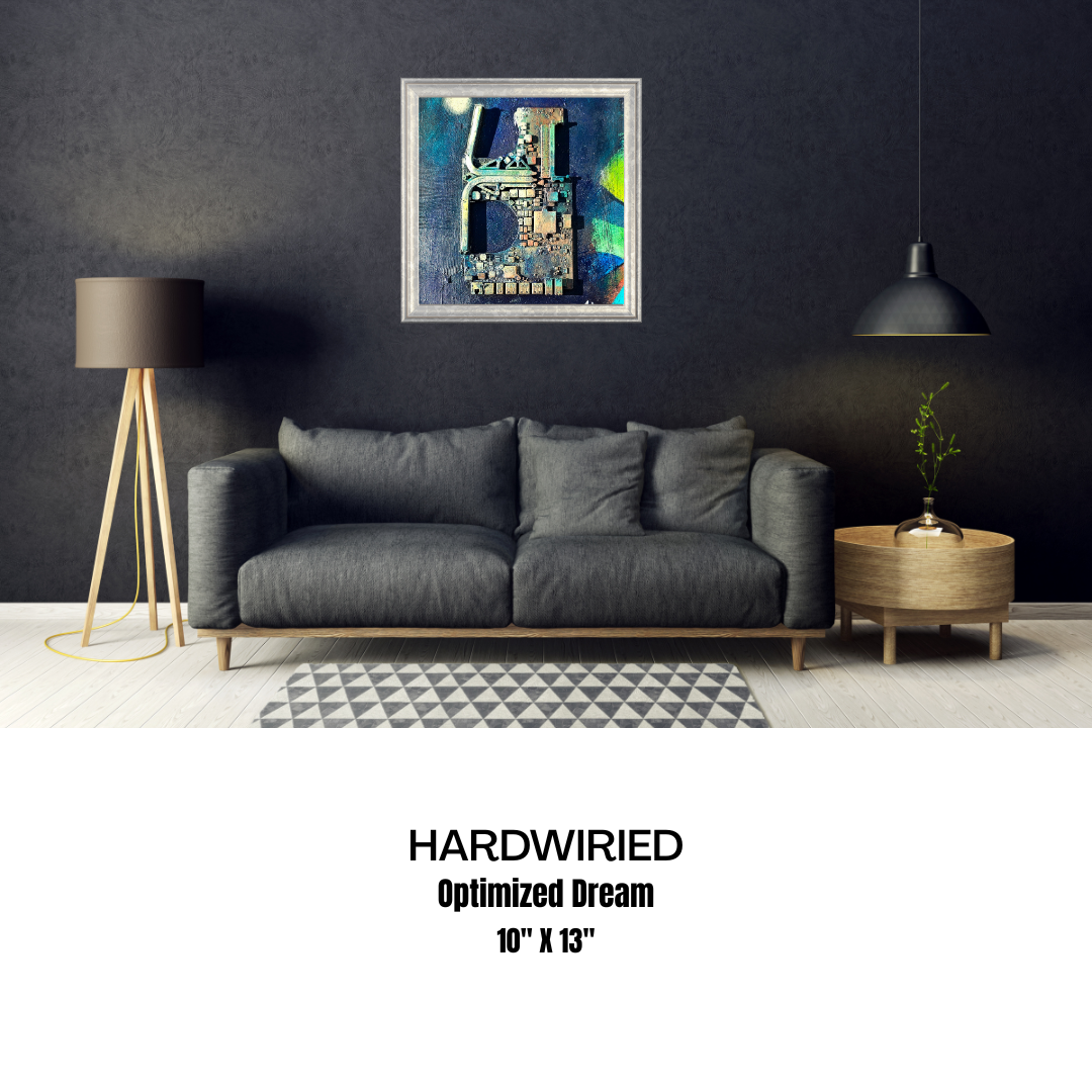 Modern living room with a gray sofa, lamp, and abstract art on a dark wall.