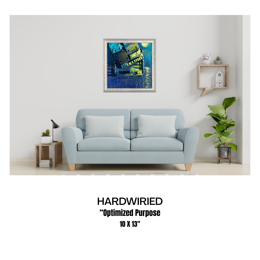 Light blue sofa in a living room with a framed abstract painting on the wall.