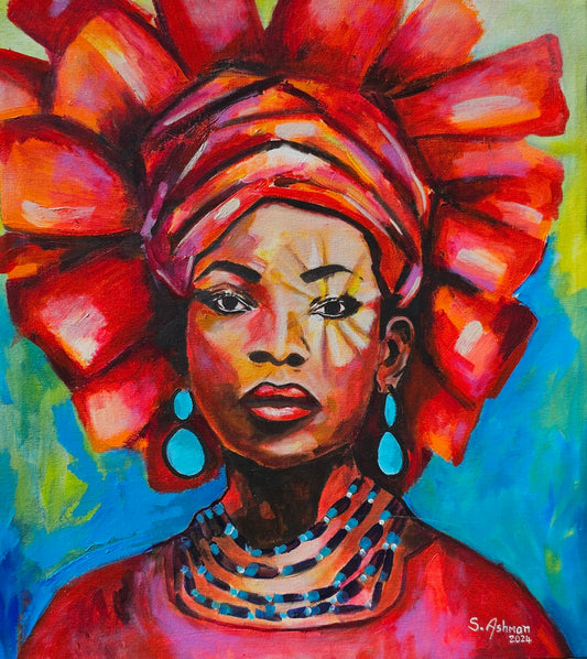 Bold Vision woman in red clothing and headdress with glowing left eye