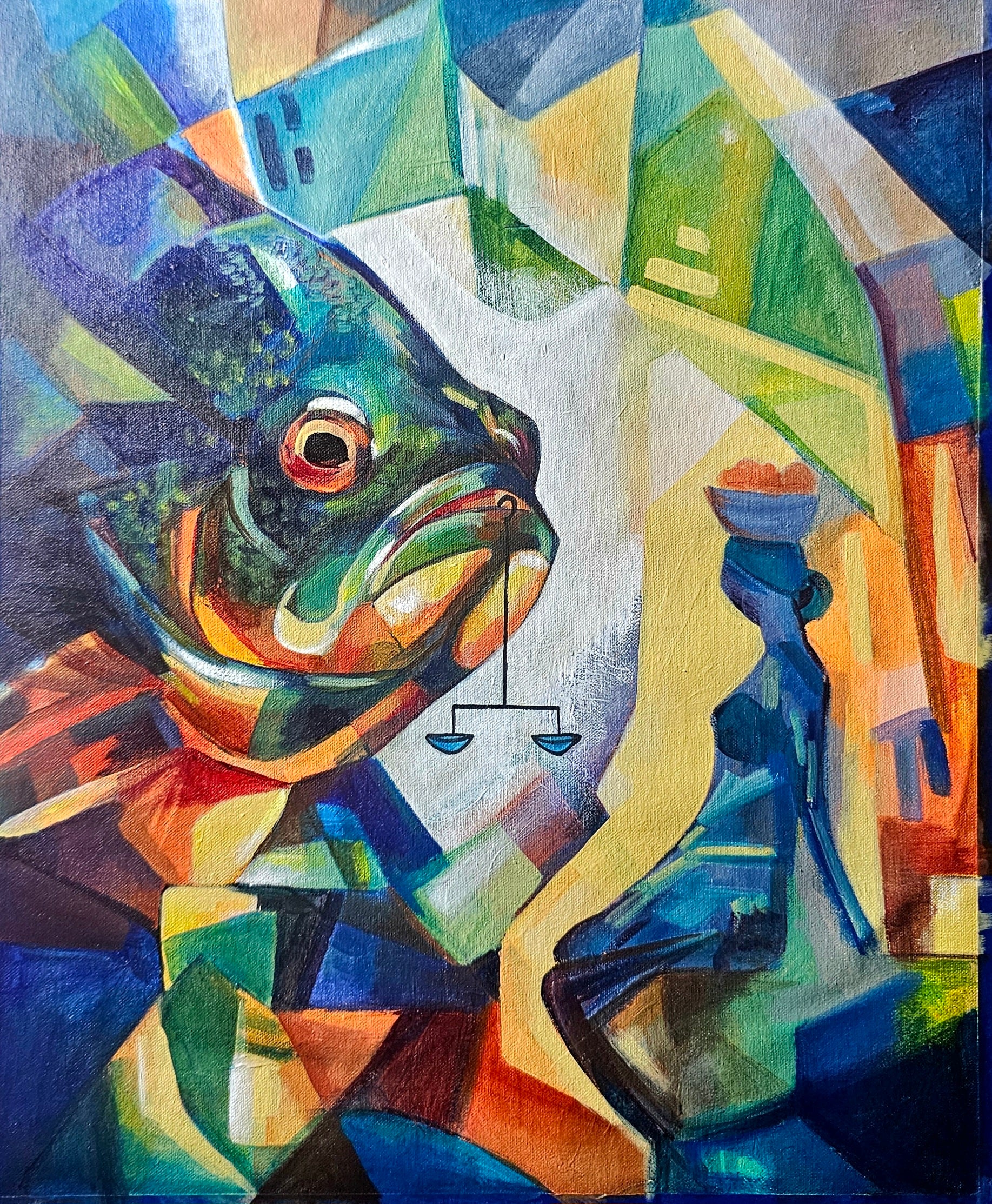 An original symbolic painting by Jamaican artist Shawn Ashman featuring a fish delivering justice to a woman. A powerful artwork about hope, favour, unexpected support, and dreams fulfilled.