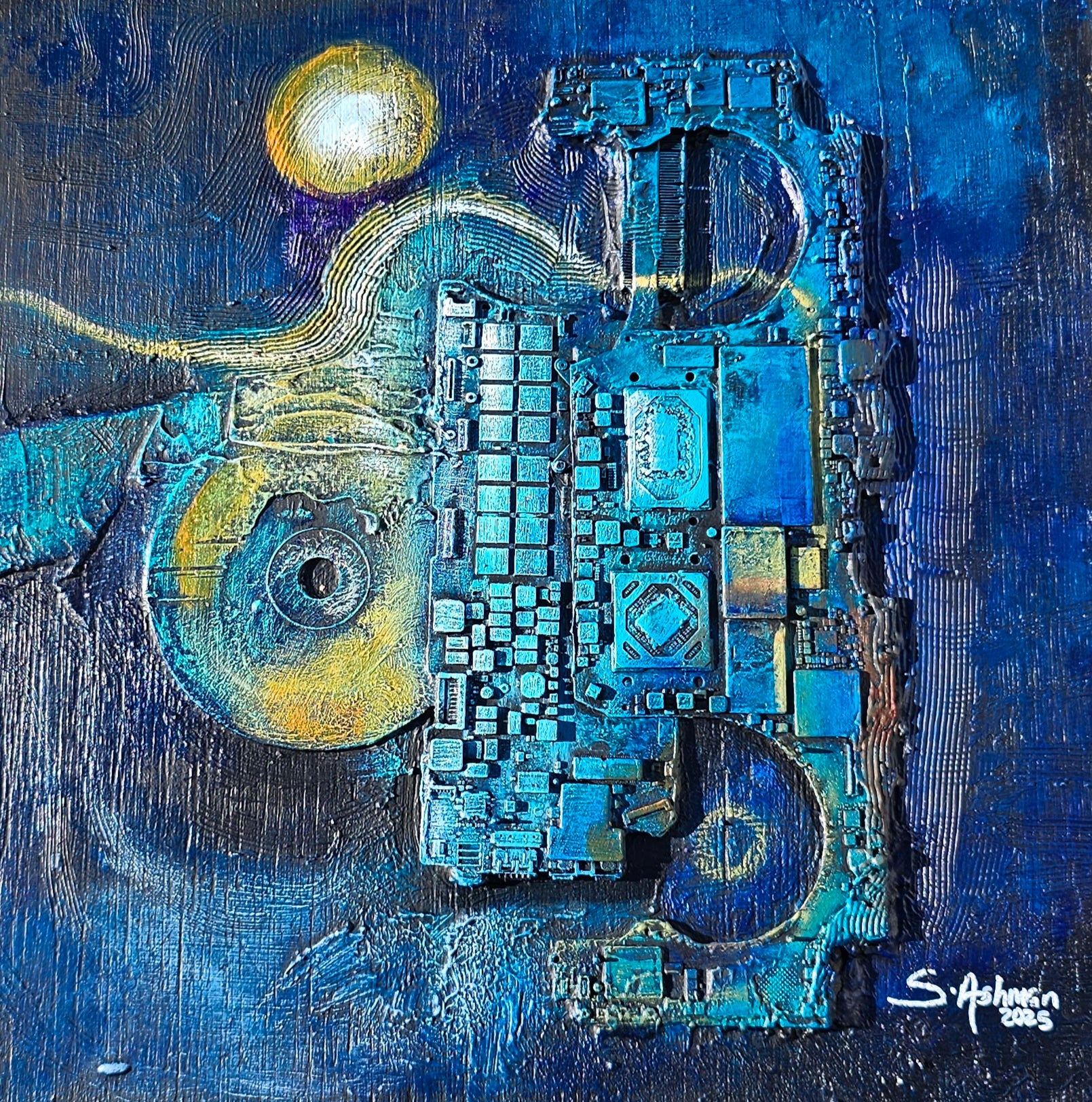 Abstract artwork with geometric shapes and blue tones on a textured surface