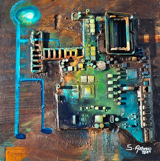 Artistic depiction of a circuit board with abstract elements on a textured background