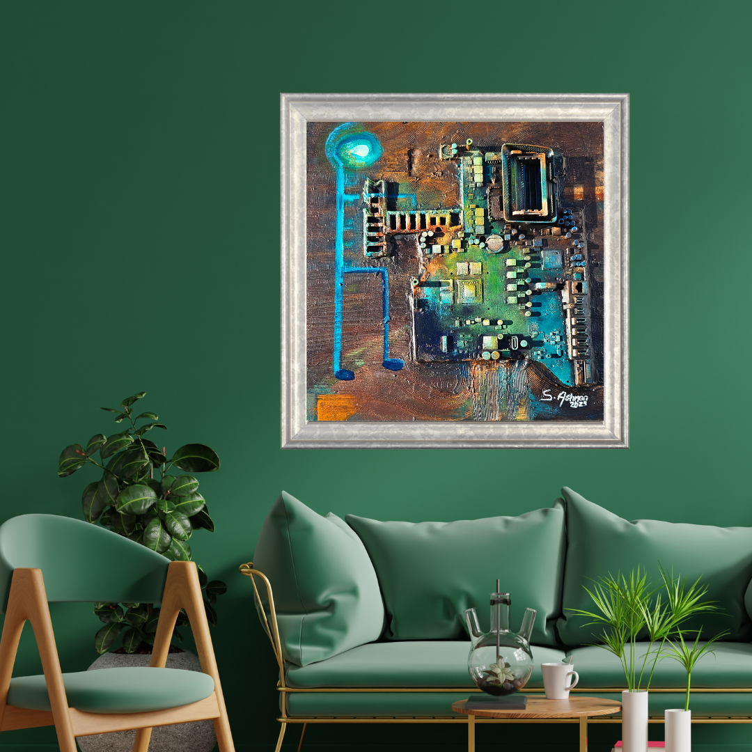 Framed abstract artwork on a green wall above a green sofa with decorative elements.