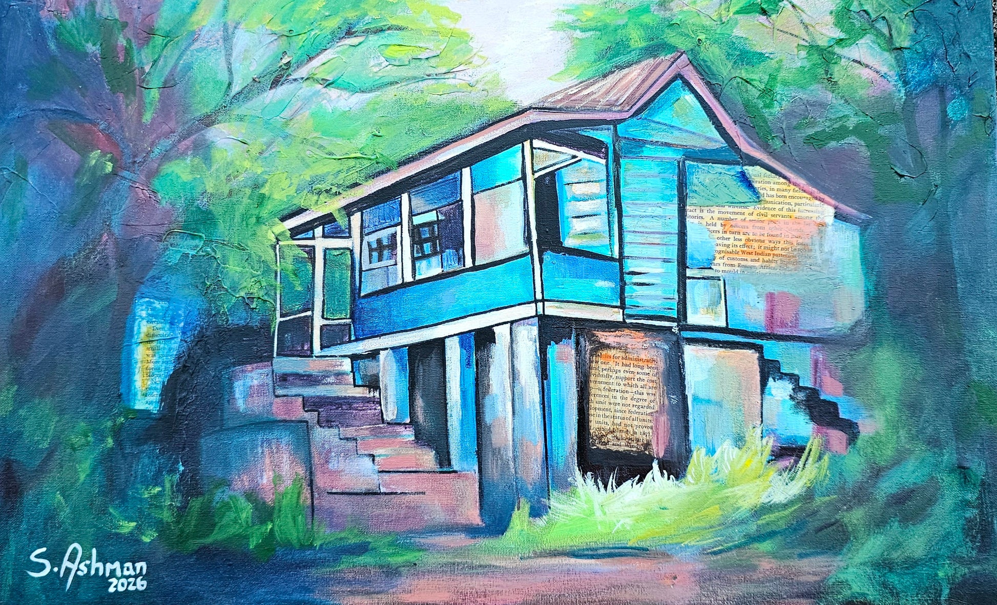 Vibrant impressionist painting of a traditional Jamaican country house in Kimma, St. Ann, surrounded by lush tropical greenery and bright Caribbean light by Shawn C. Ashman.