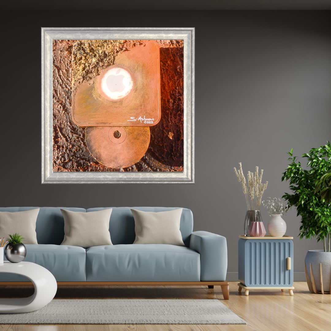 Framed abstract artwork above a blue sofa in a living room setting.