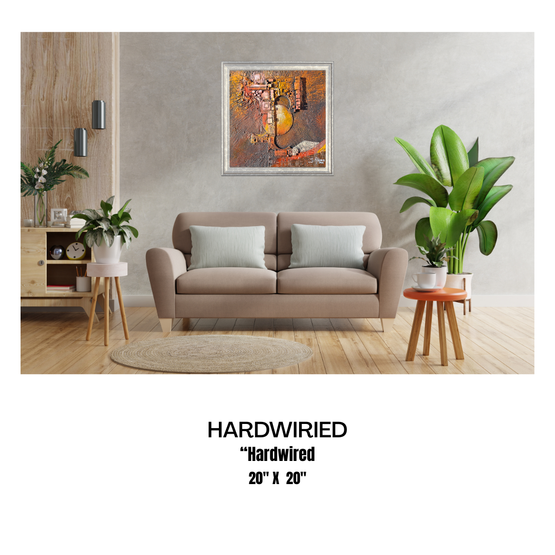 Living room with a beige sofa, wooden side table, and abstract painting on the wall.