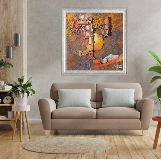 Living room with a beige sofa, abstract painting on the wall, and decorative items.