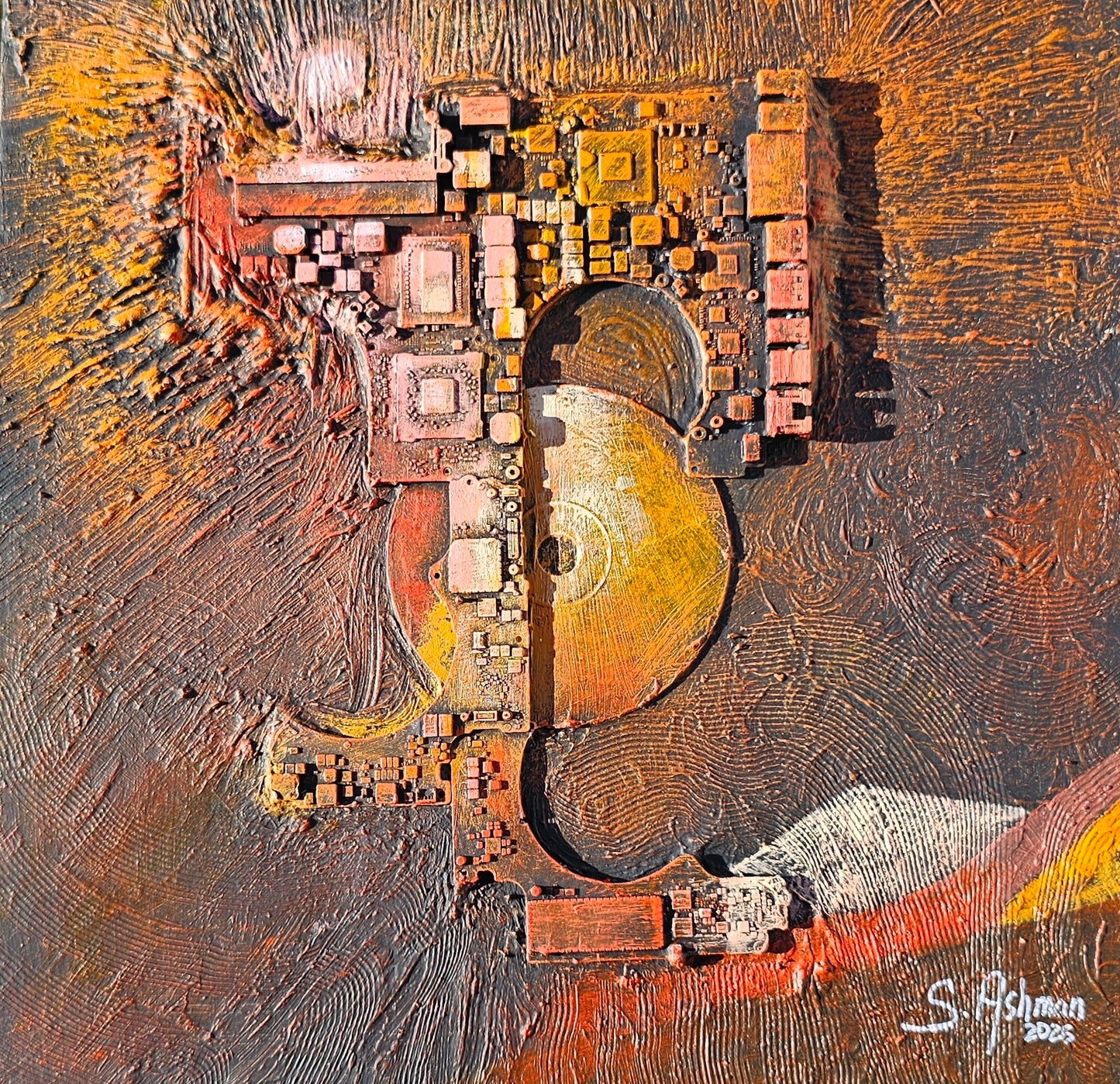 Abstract art piece with textured brown and orange tones