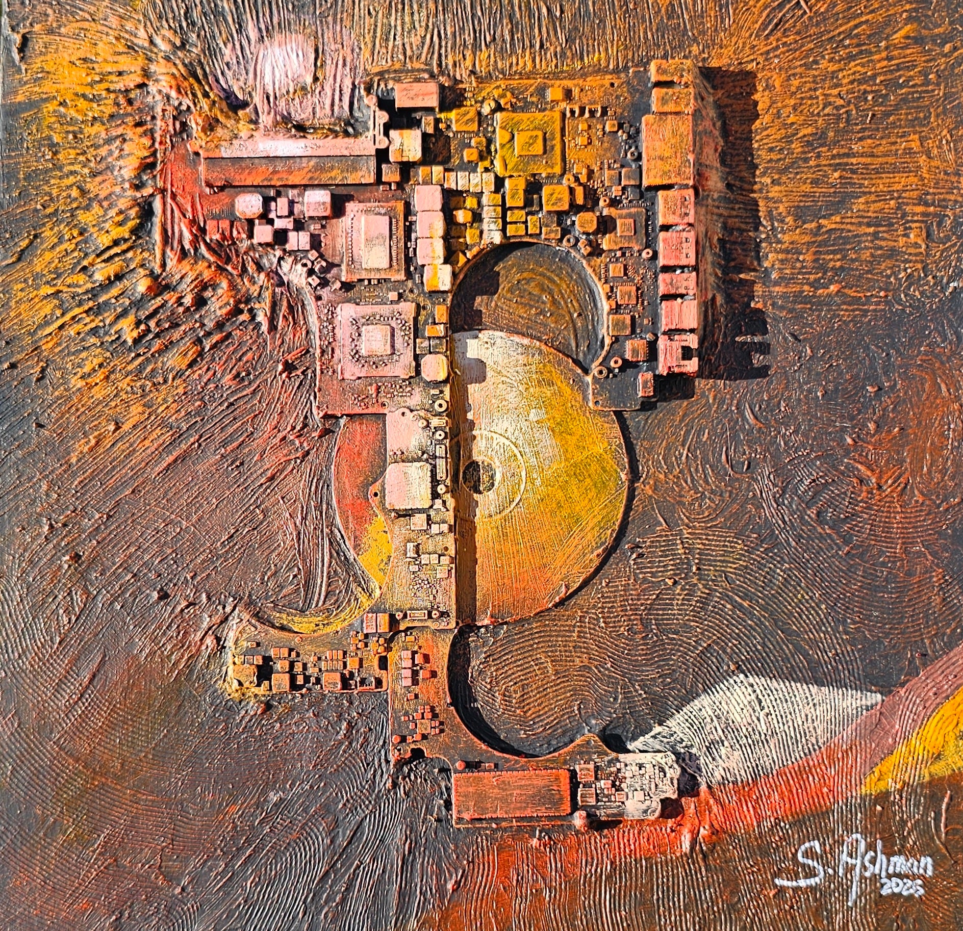 Abstract art piece with textured brown and orange tones