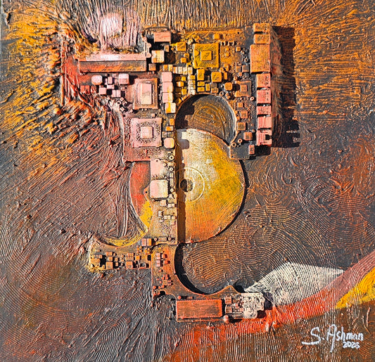 Abstract art piece with textured brown and orange tones