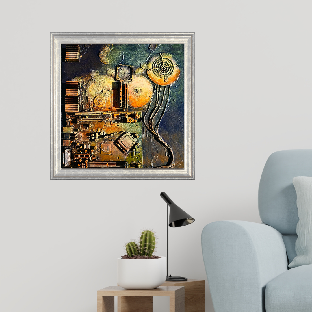 Framed abstract artwork in a living room setting with a sofa and lamp.