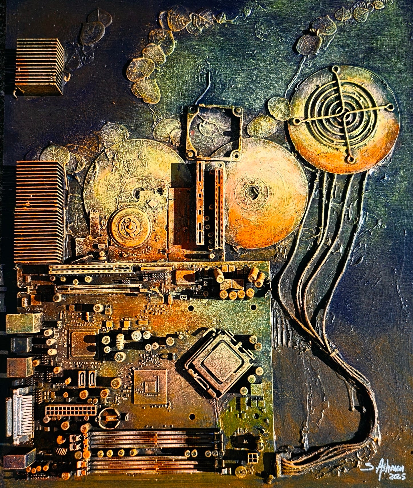 Abstract artwork of mechanical components with a focus on gold and bronze tones.