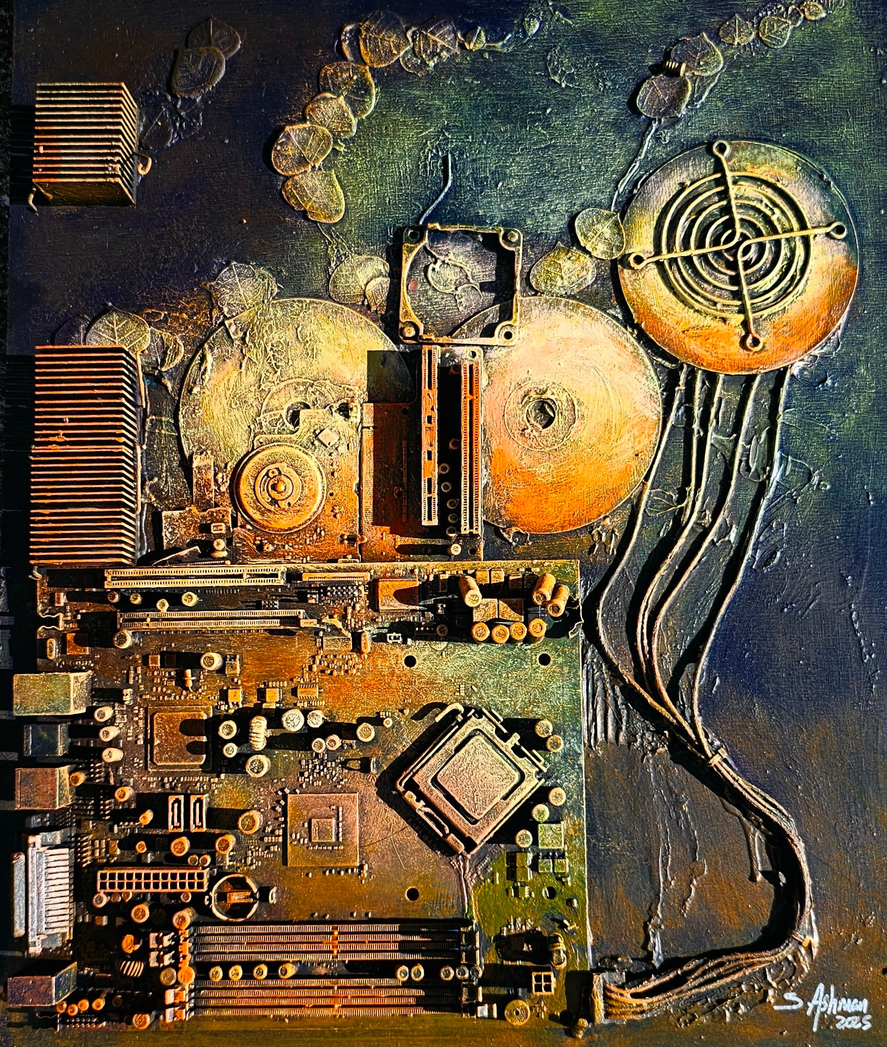Abstract artwork of mechanical components with a focus on gold and bronze tones.