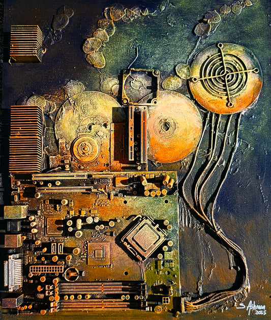 Abstract artwork of mechanical components with a focus on gold and bronze tones.