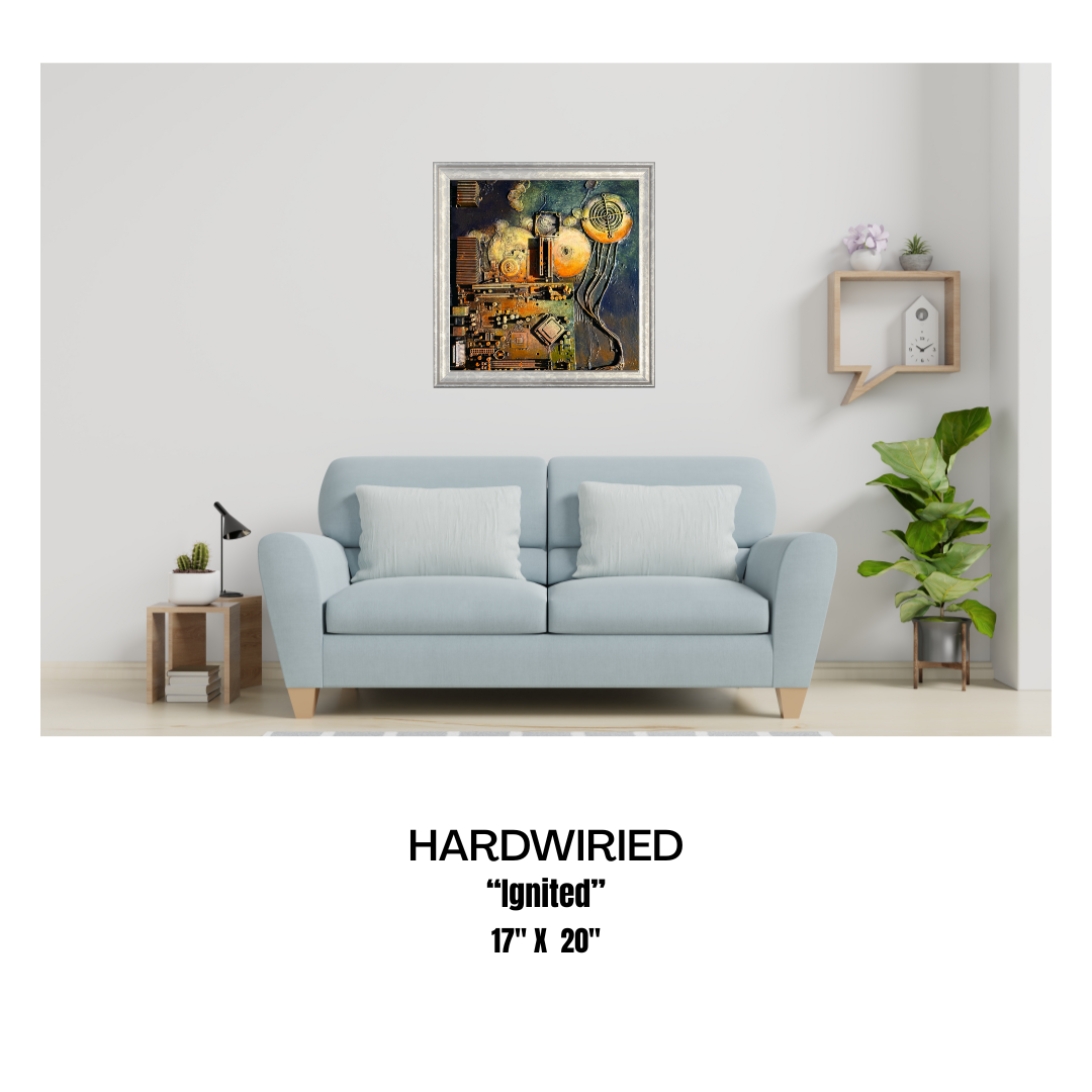 Light blue sofa in a room with a painting on the wall and a plant on a small table.