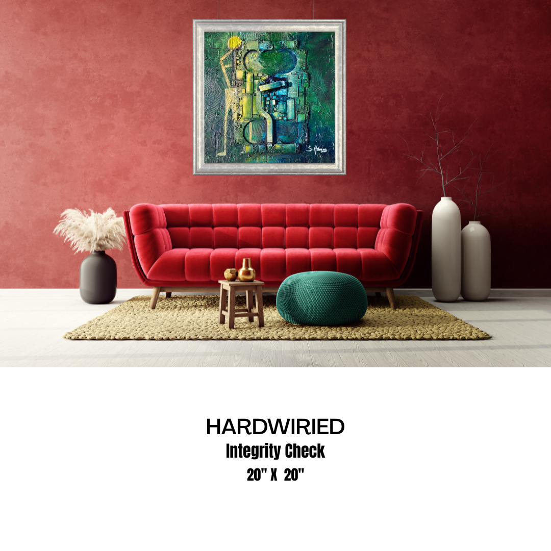 Living room with a red sofa, abstract painting, and decor items on a red wall.