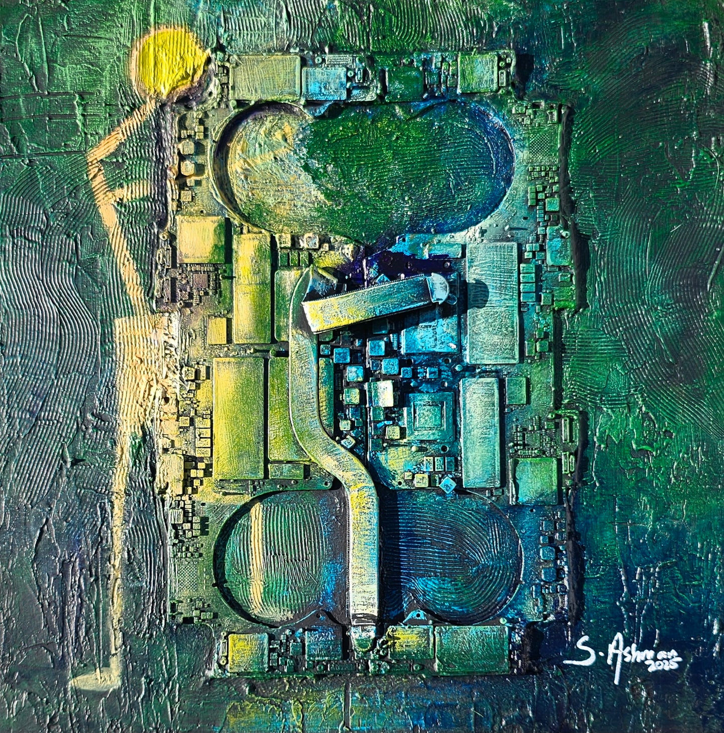 Abstract art piece with geometric shapes and a signature in the corner