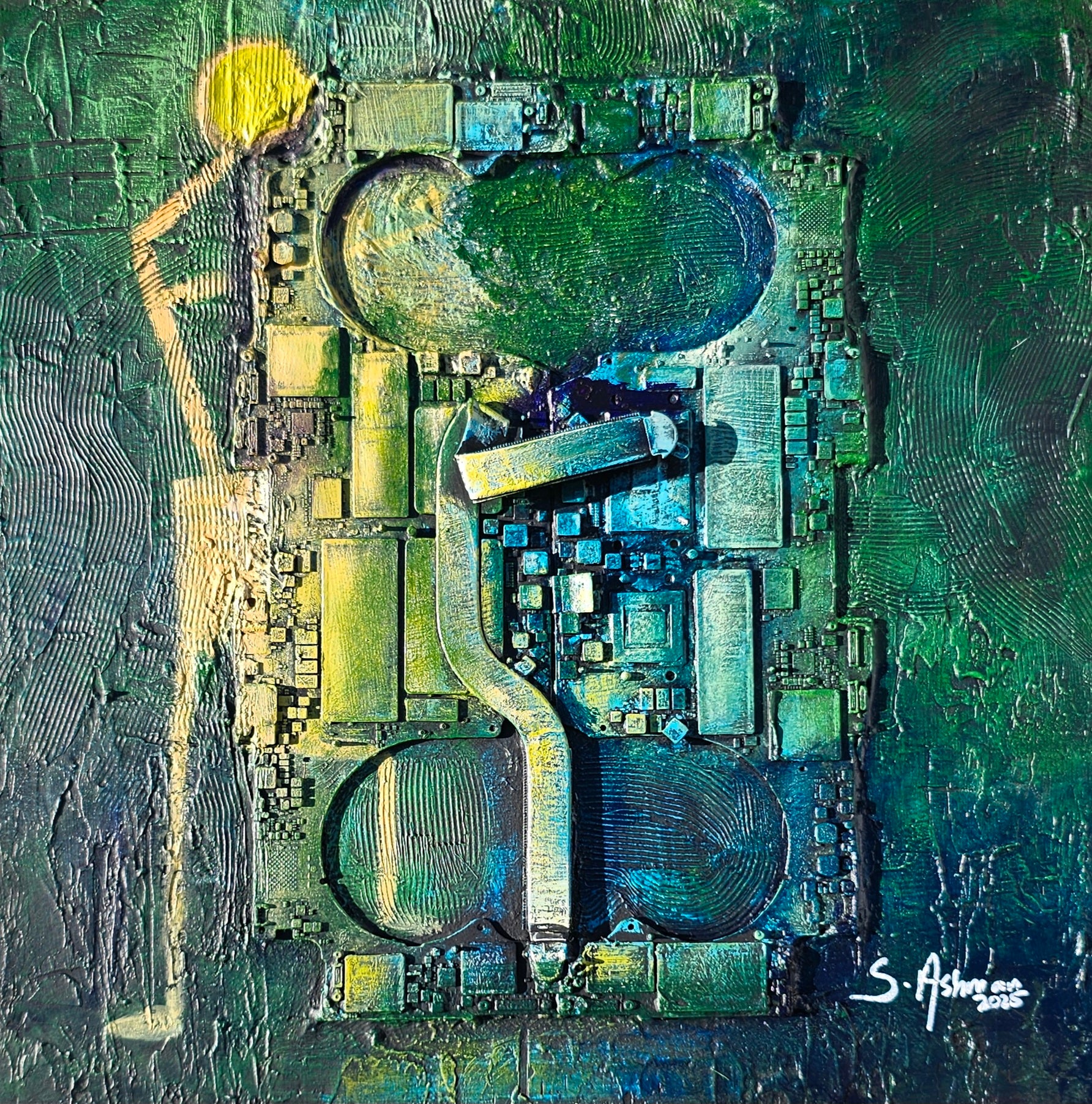 Abstract art piece with geometric shapes and a signature in the corner