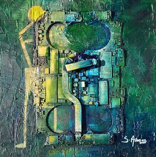 Abstract art piece with geometric shapes and a signature in the corner