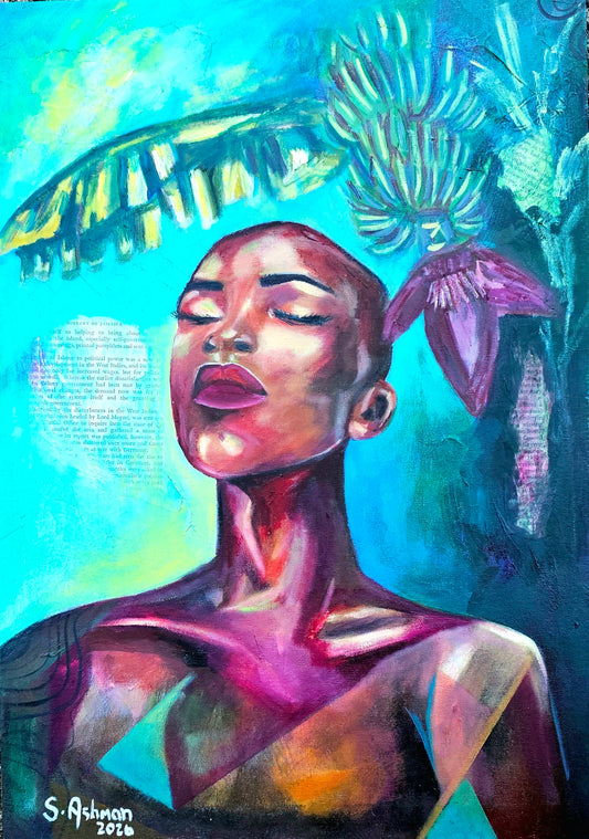 Vibrant impressionistic painting of a bald Caribbean woman seated confidently under the large green leaves of a banana plant, rendered in unconventional tropical colors by Shawn C. Ashman.