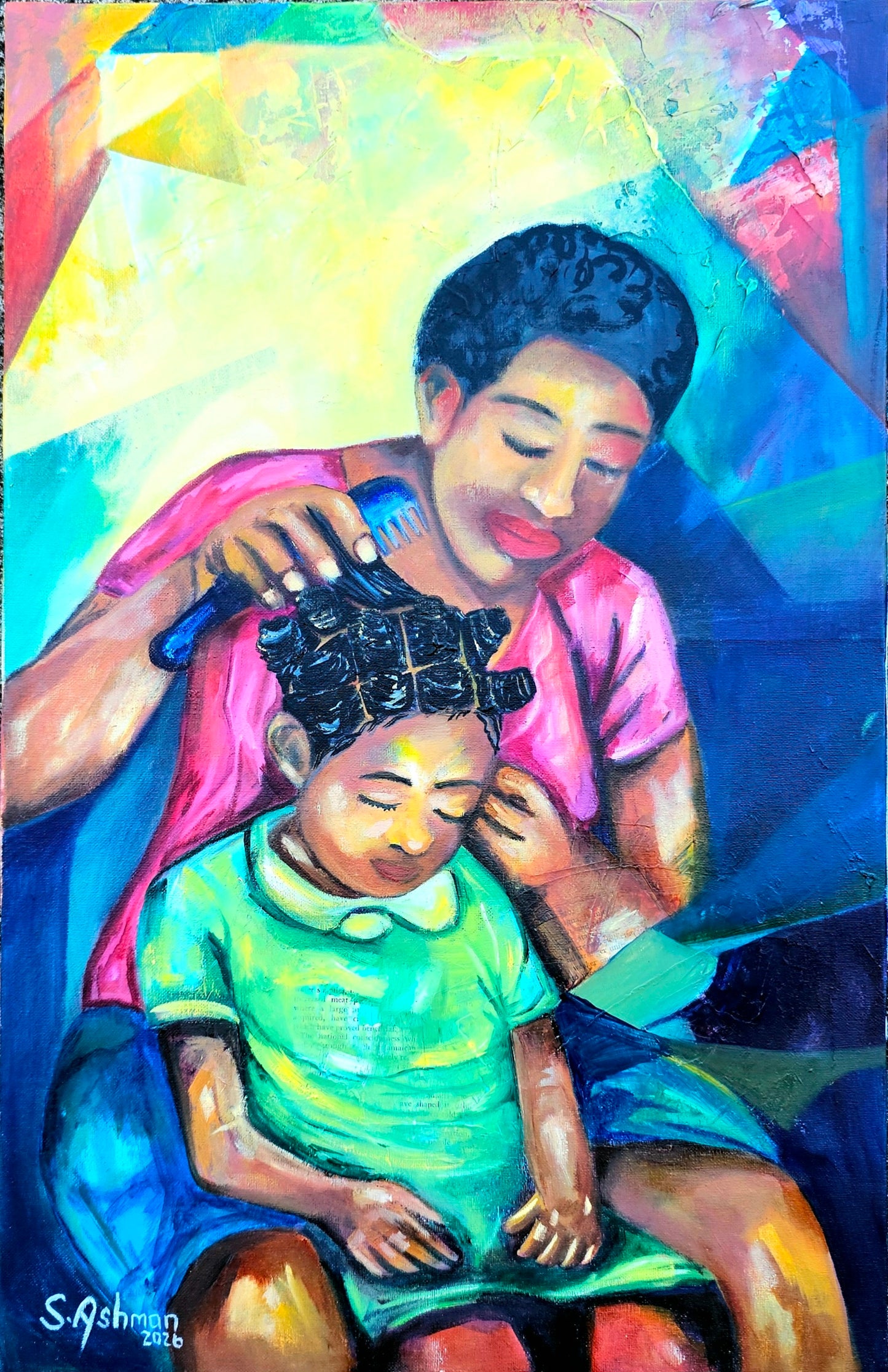 Vibrant impressionist painting of a child sitting between their mother's legs while she combs their hair into chiney bumps in a sunlit Caribbean room.