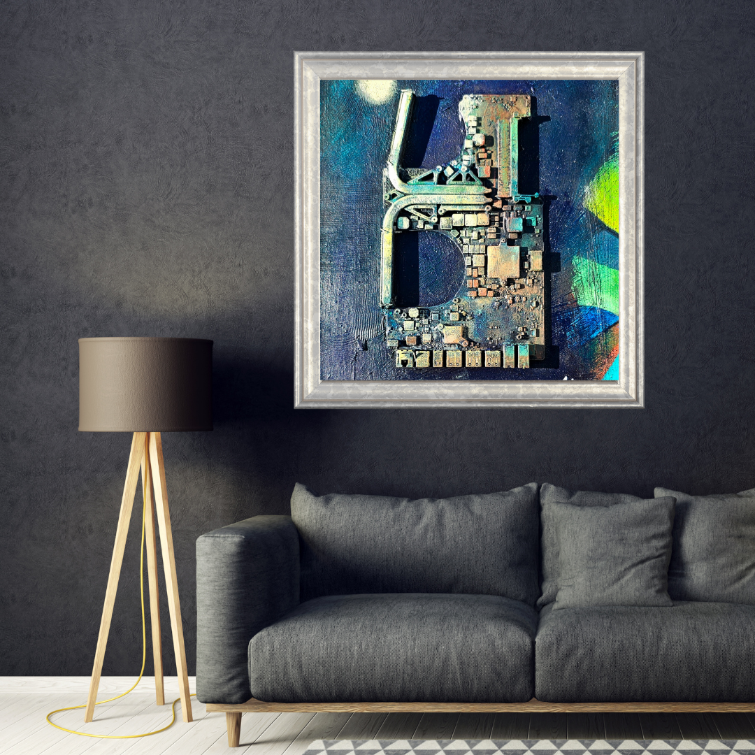 Abstract art piece on a dark wall above a gray sofa with a lamp to the left.