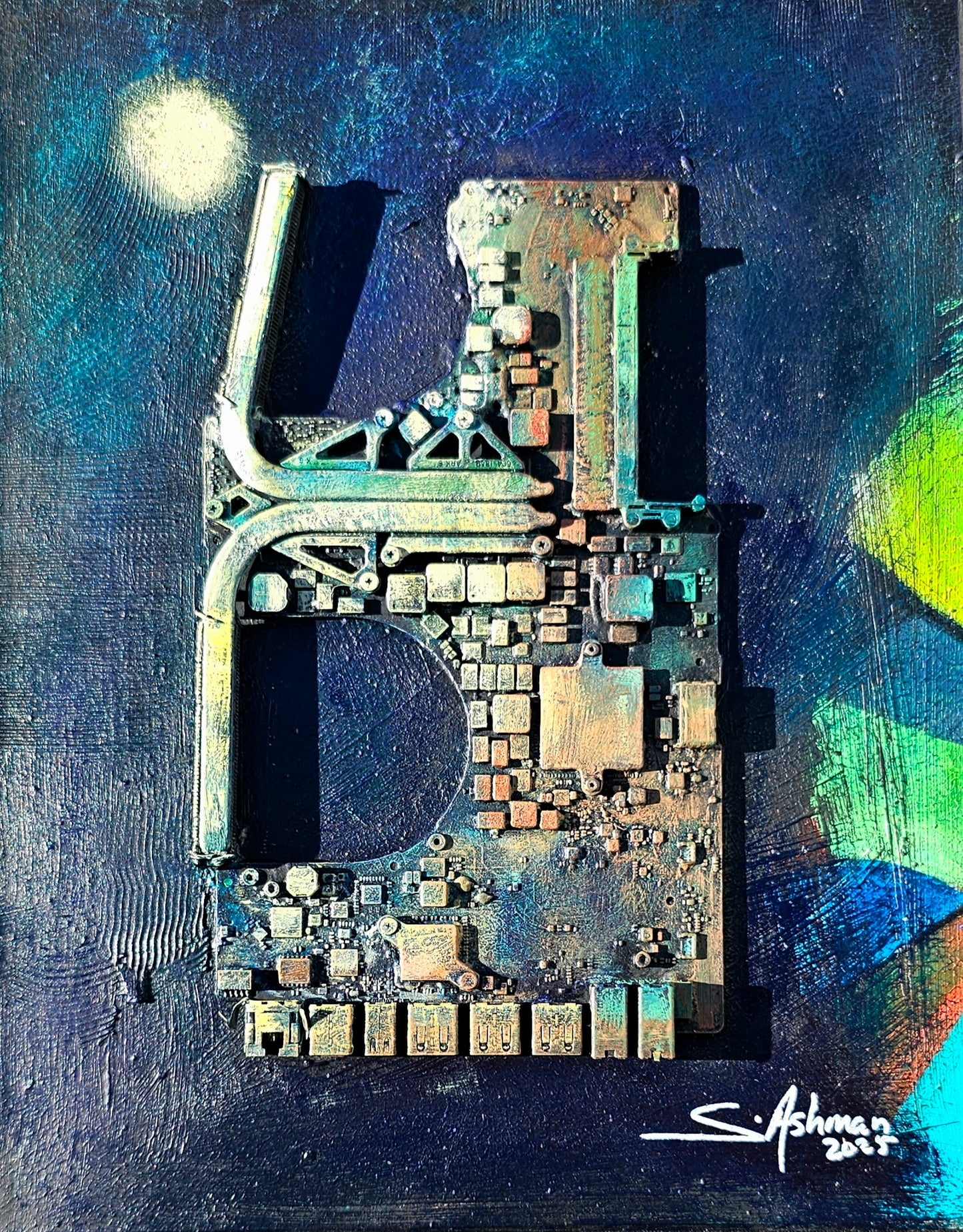 Abstract art piece with metallic elements on a blue background