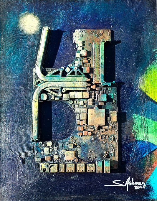 Abstract art piece with metallic elements on a blue background