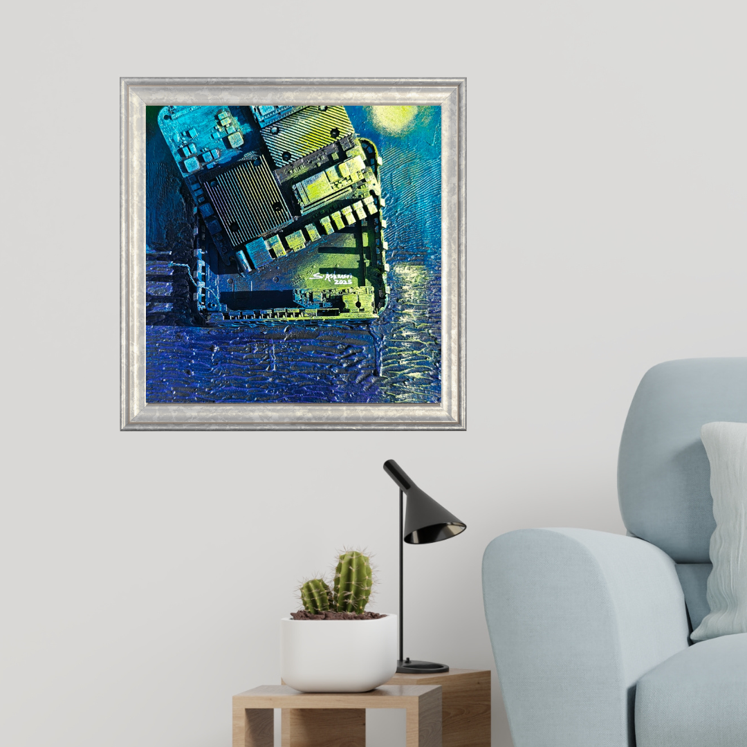 Framed abstract artwork on a wall above a light blue armchair.