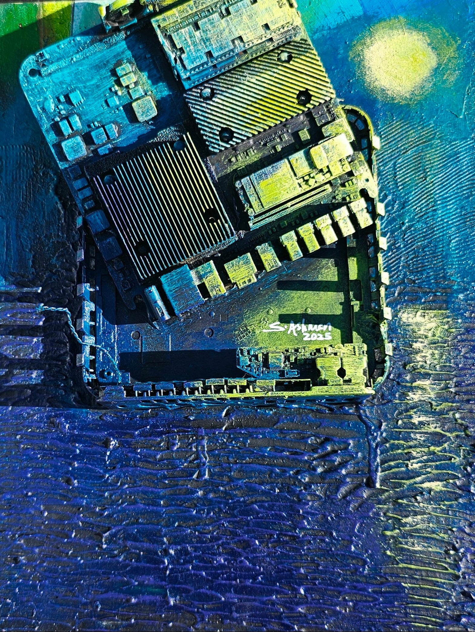 Close-up of a printed circuit board on a textured blue and green background