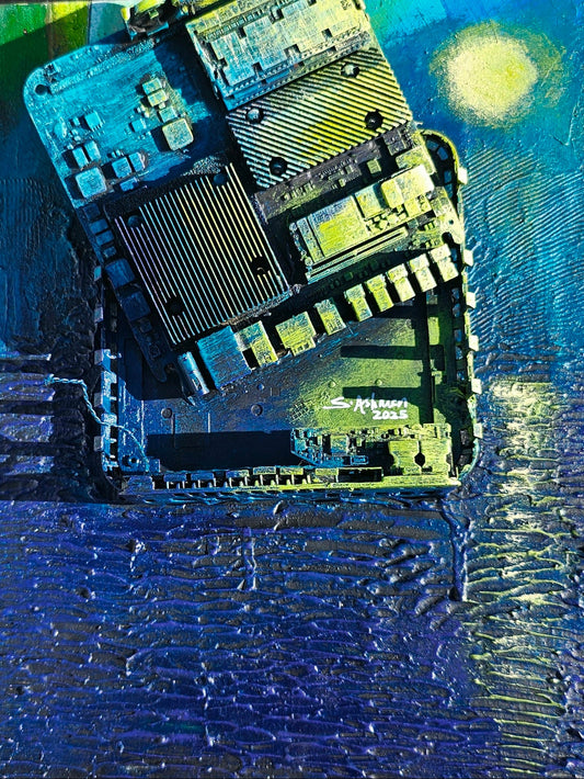 Close-up of a printed circuit board on a textured blue and green background