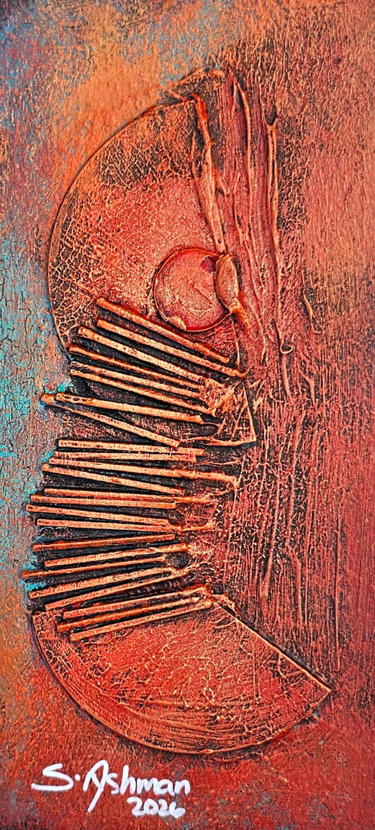 An abstract textured painting featuring a stylized crescent and fan-like forms in warm rust, terracotta, orange, and brown tones, with a small turquoise area at the lower left and a white artist signature reading 'S Ashman 2024' at the bottom.
