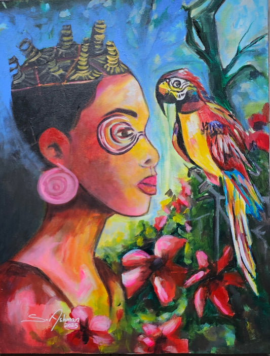 Colorful painting of a woman with a parrot and flowers