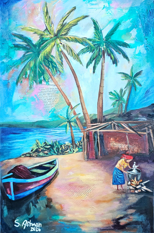 Impressionistic seascape painting of a Caribbean beach with turquoise water, coconut trees, a boat on the sand, and a woman cooking outside a small shack.