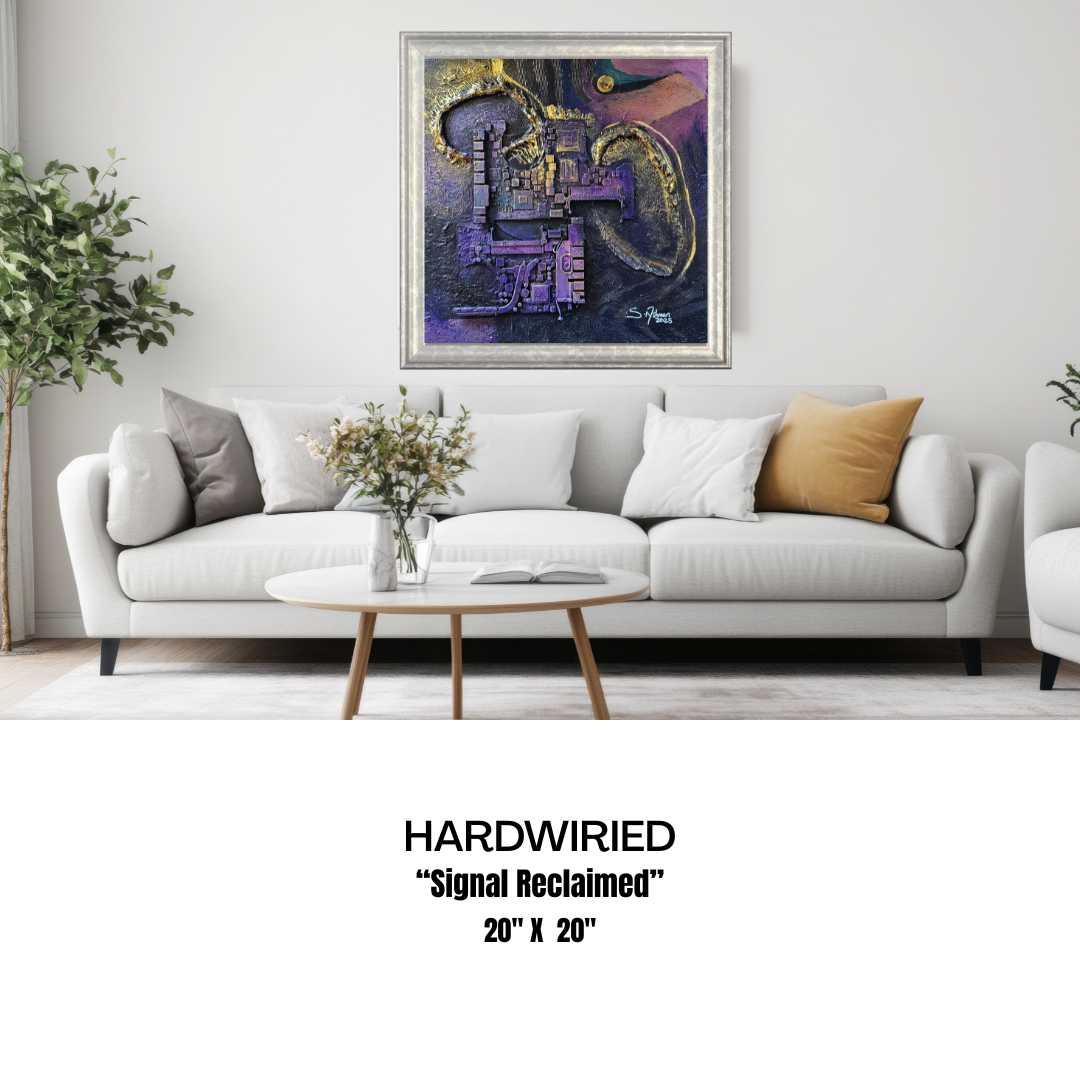 Living room with a gray sofa, coffee table, and framed artwork on the wall.