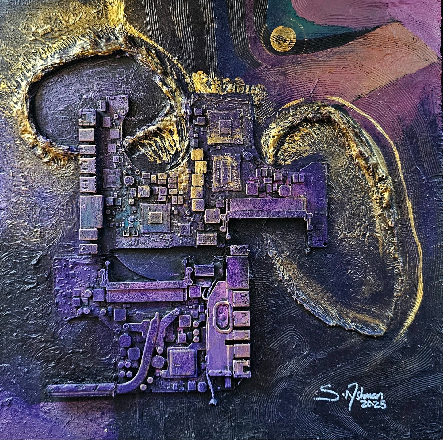 Abstract artwork with geometric shapes and textures in purple and gold on a dark background