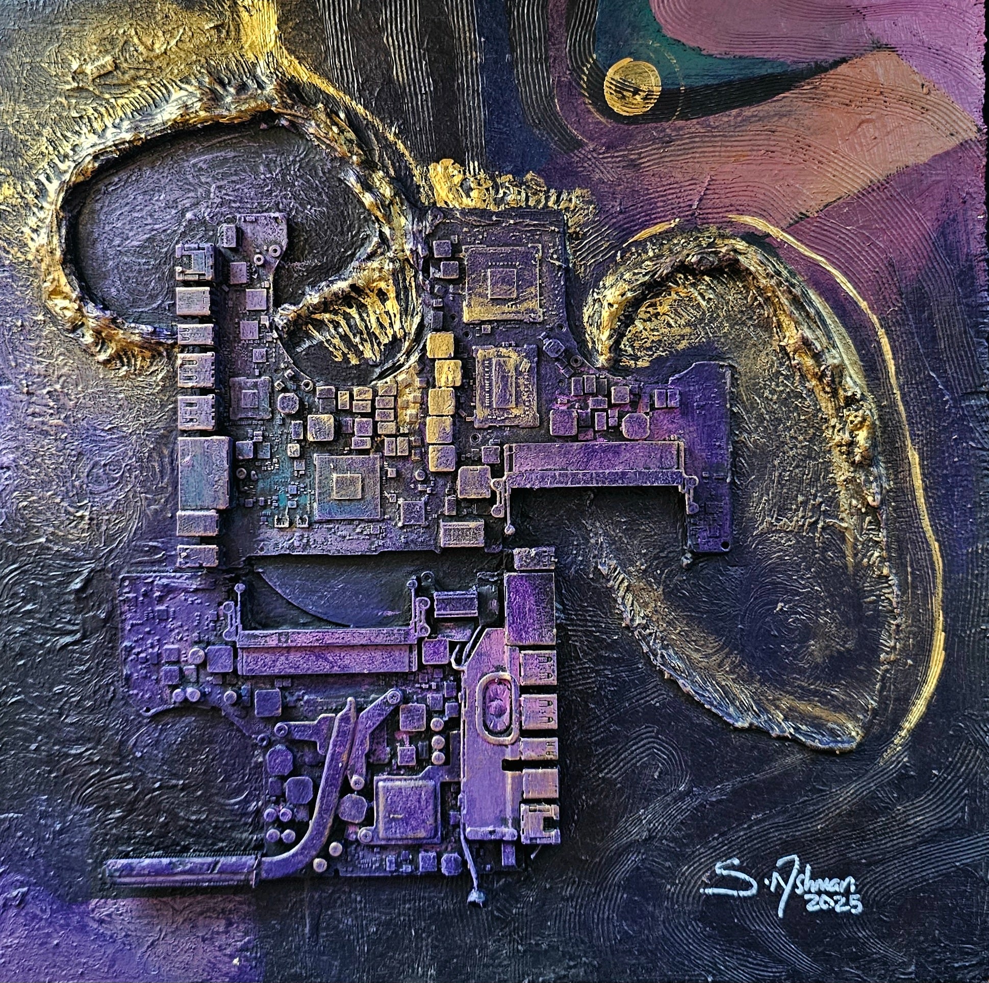 Abstract artwork with geometric shapes and textures in purple and gold on a dark background