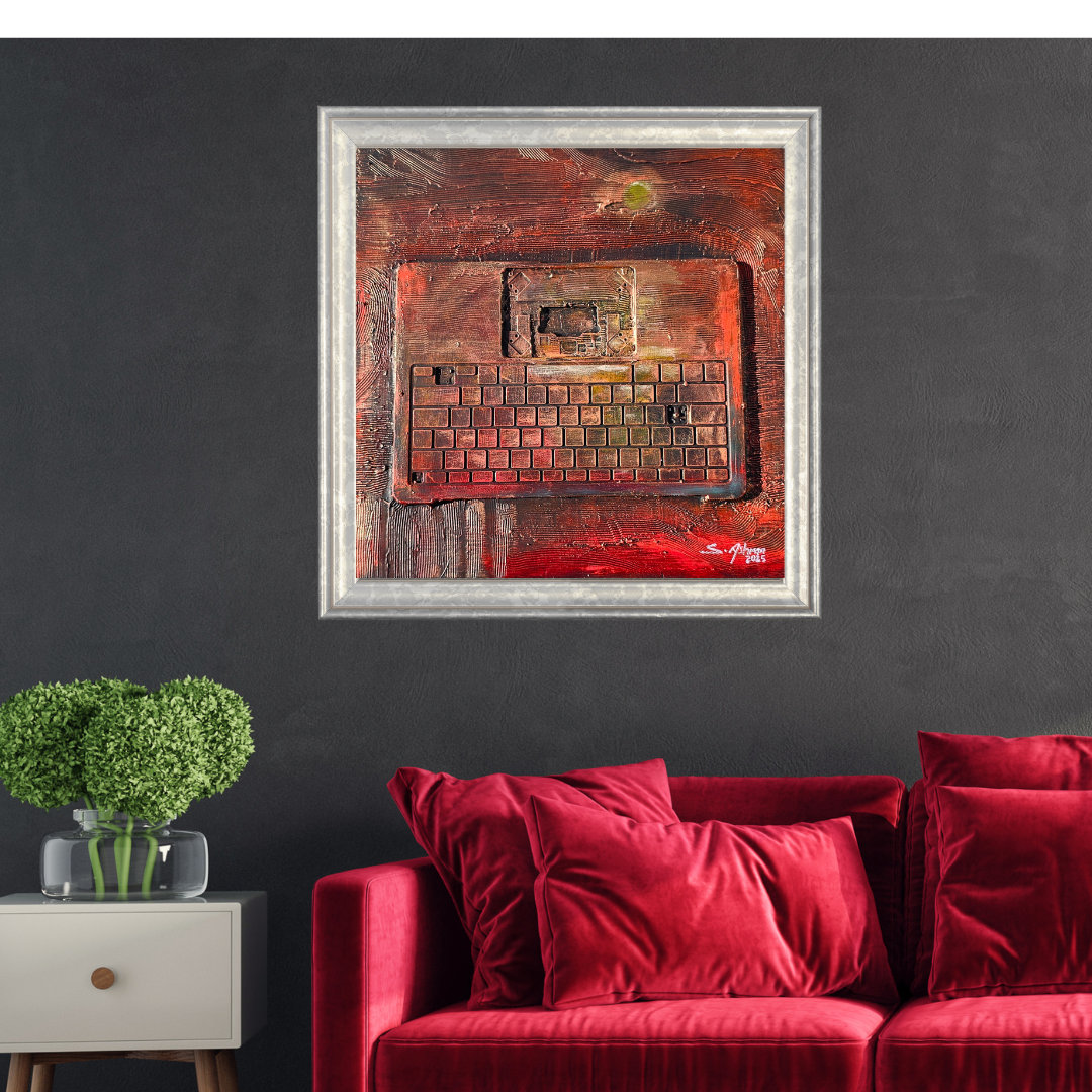 Framed abstract art piece on a dark wall above a red sofa with decorative pillows.