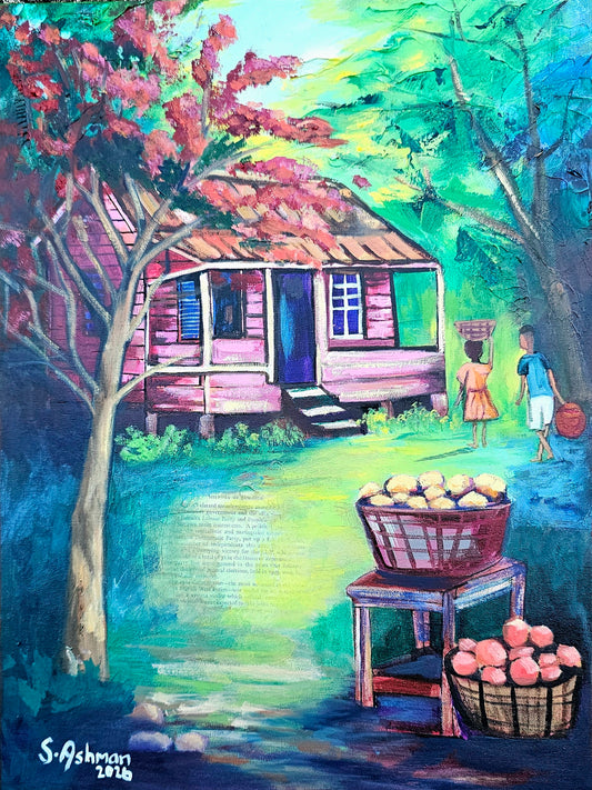 Impressionistic painting of a weathered pink house in a tropical setting, featuring baskets of ripe mangoes for sale in the front yard and children doing chores in the background.
