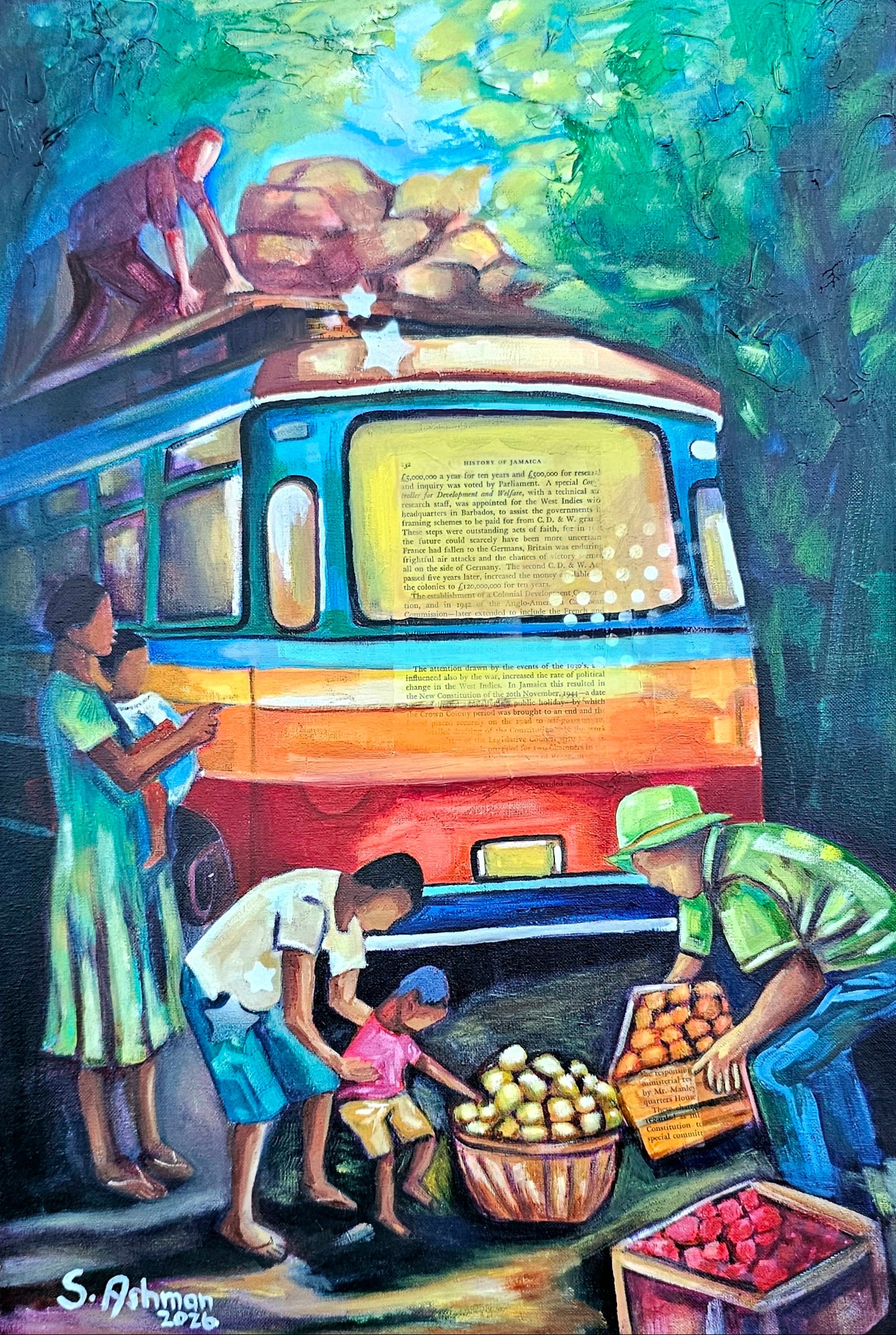 Vibrant impressionist painting of Jamaican market vendors loading produce onto a country bus headed for Linstead Market, featuring bold tropical colors and cubist elements by Shawn C. Ashman.