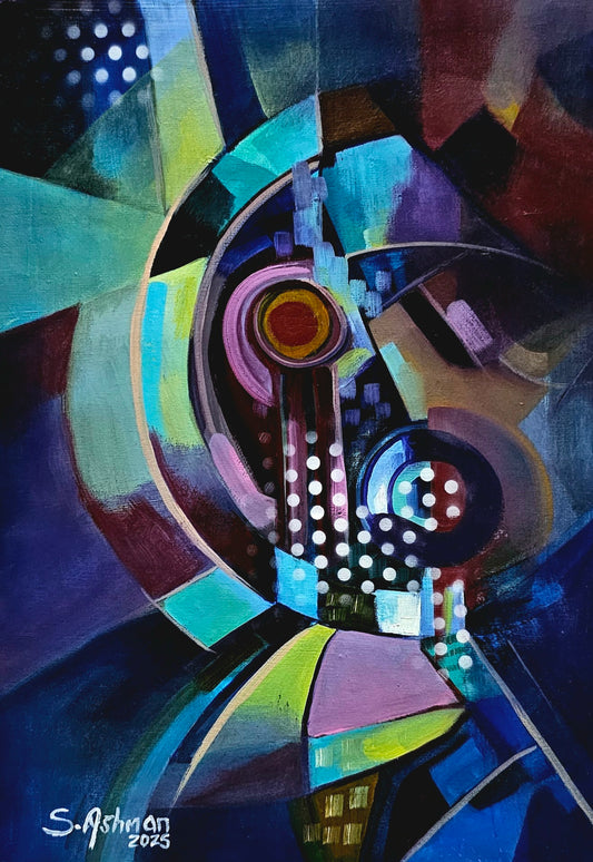 Painting of an African mask with cubism and painted in abstract form