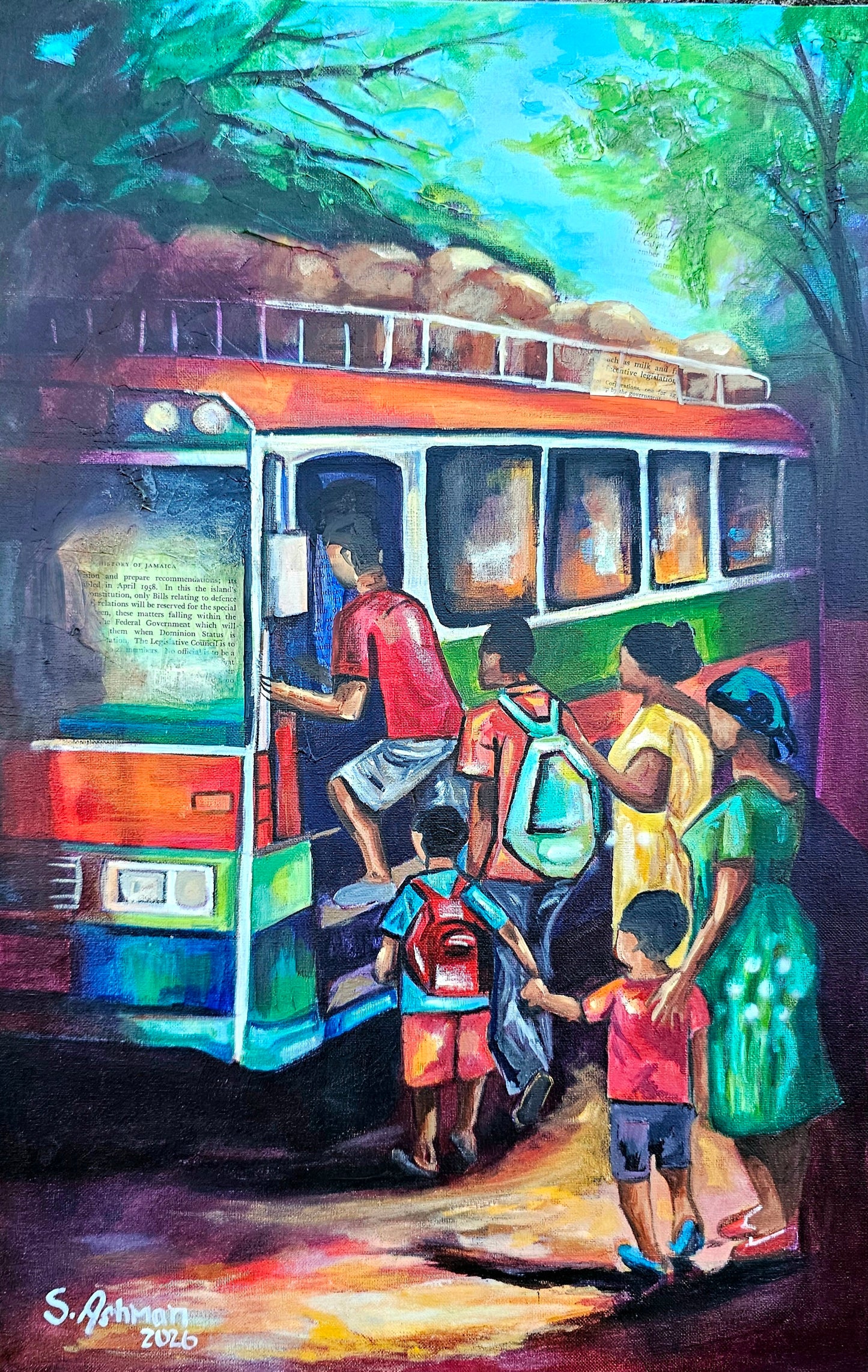 Vibrant impressionist painting of a traditional Jamaican country bus named "Uncle Sunny" traveling a lush, green road, capturing a nostalgic and peaceful childhood memory.