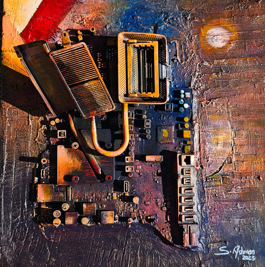 Abstract artwork of a circuit board with metallic elements on a textured background