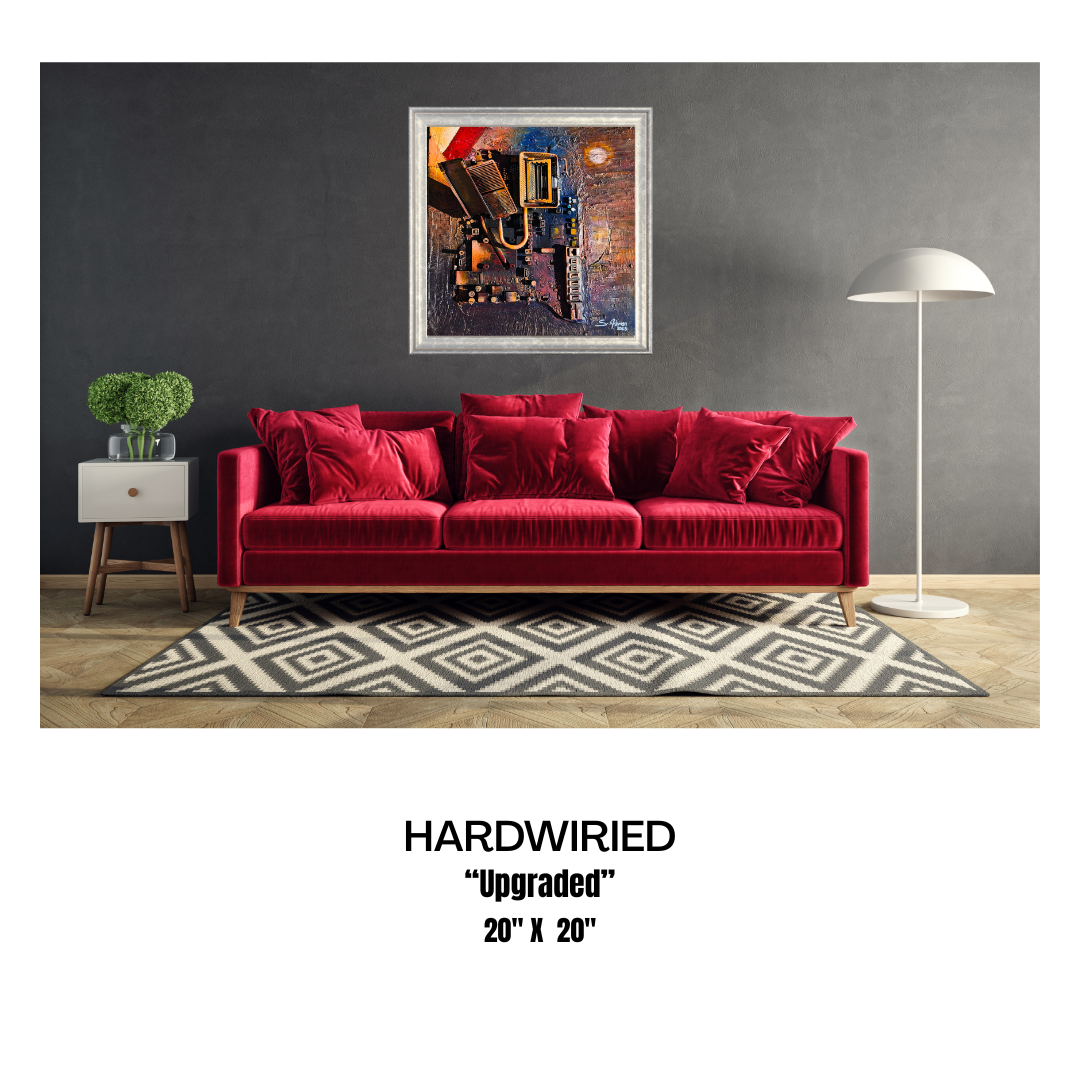 Red sofa in a living room with a framed artwork on the wall and a lamp.