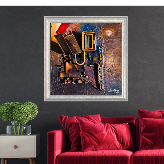 Abstract painting in a silver frame on a dark wall above a red sofa.