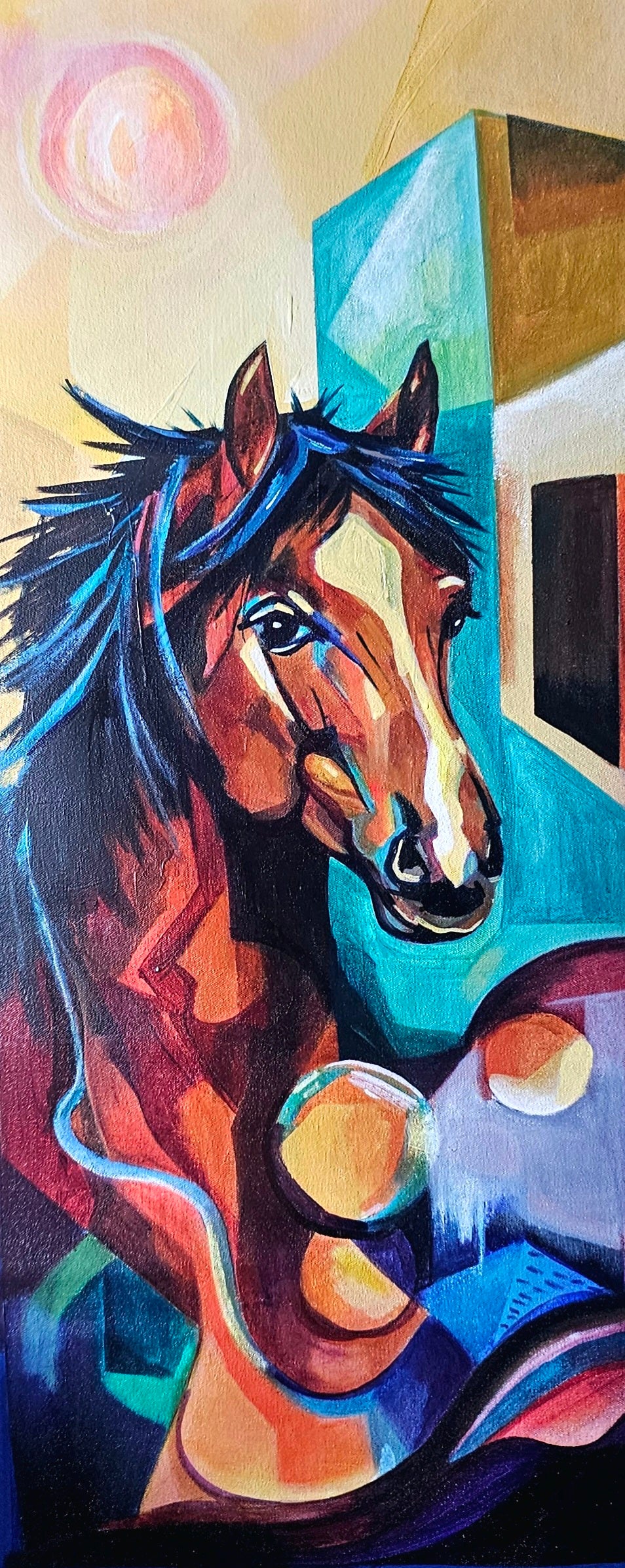 Painting of horse in an urban setting